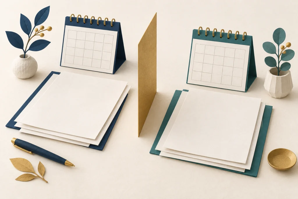 金色の仕切りを挟んで、紺と青緑のカレンダーと白紙の書類を並べた紙の立体イラスト。
