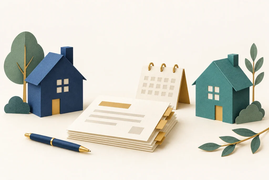 離れた2つの住まいと、間に置いた書類・カレンダーのイラスト。