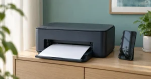 無地の用紙を出力するプリンターと、窓が映るスマートフォン
