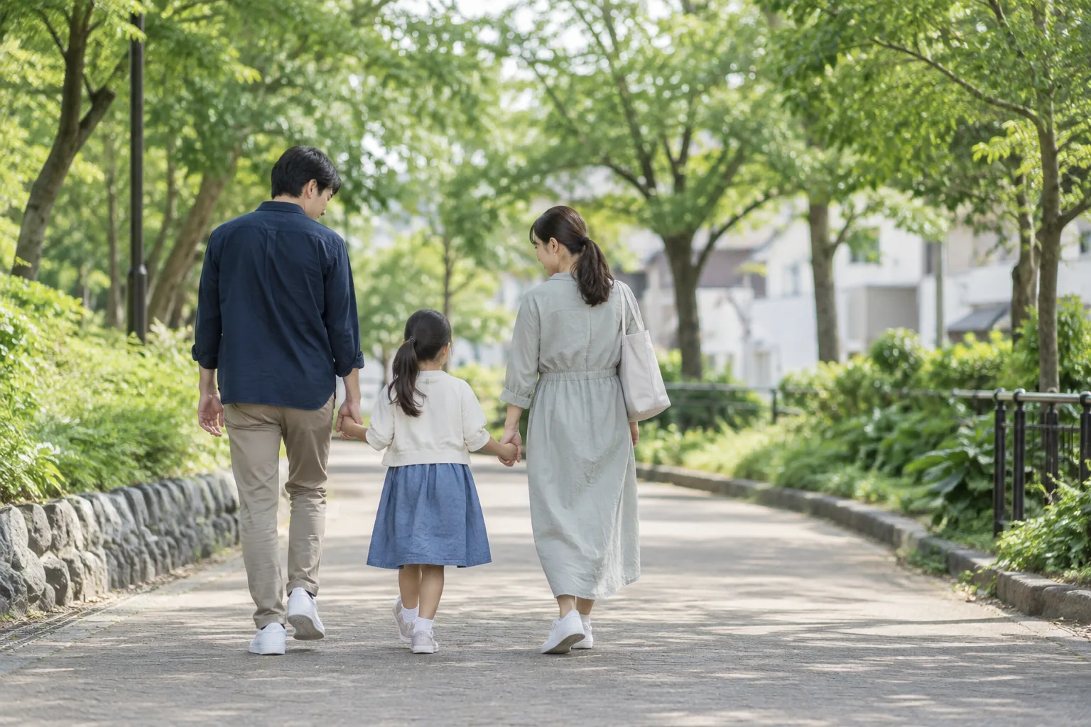 木々に囲まれた公園の道を歩く家族の後ろ姿