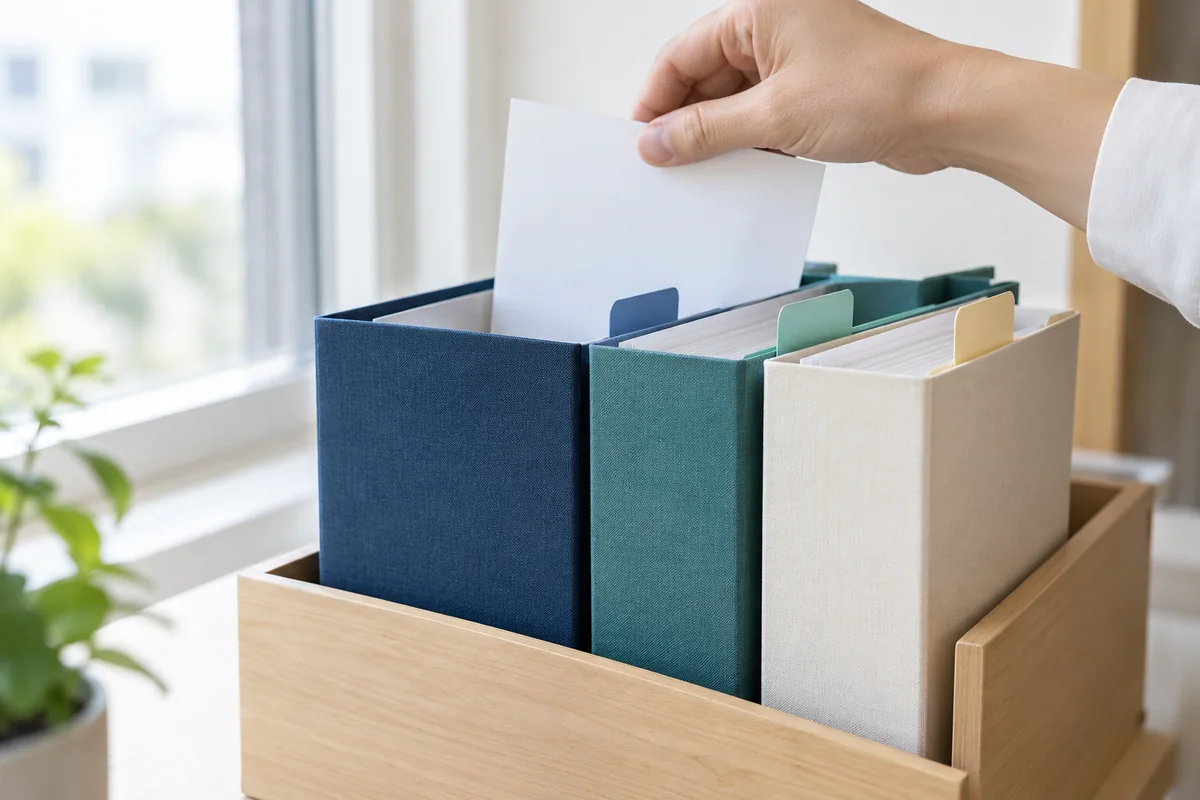 色分けしたファイルに書類を整理する手元