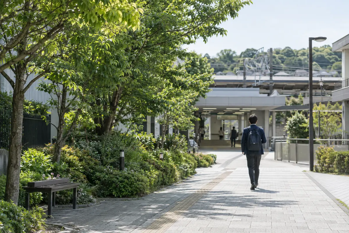 緑のある歩道を駅へ向かう人の後ろ姿