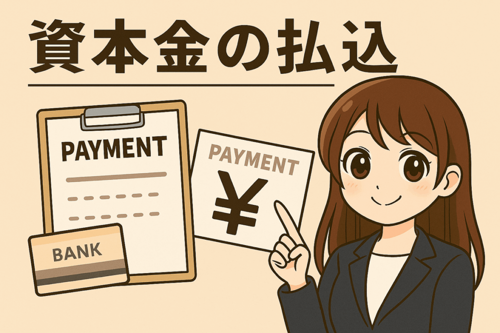 資本金の払込手続きについて説明する女性行政書士のイラスト