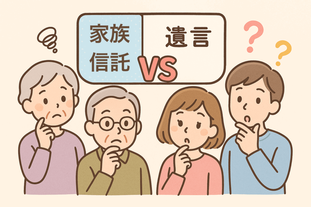 家族信託と遺言で悩む高齢夫婦と子どもたちのイラスト。中央に「VS」と書かれたボードがあり、両者を比較している構図。