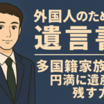 アニメ風のリアルな若い男性が遺言書について説明するイラスト。相続の国際的な課題を示唆する背景デザイン付き