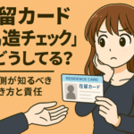 在留カードを手に取り、不審そうな表情で確認する女性のイラスト