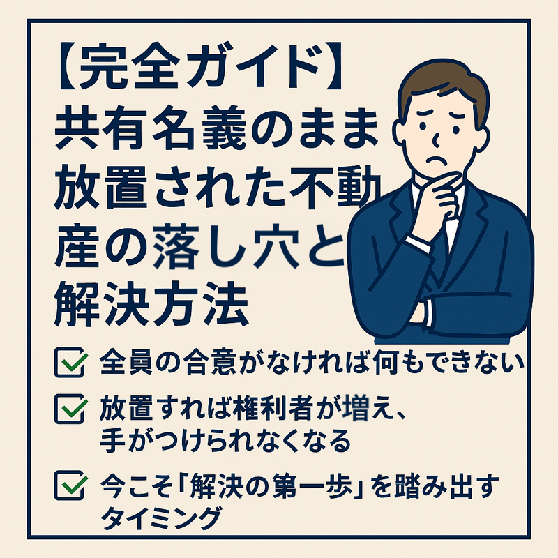 共有名義の不動産トラブルを防ぐためのガイドと解決策を示す日本語インフォグラフィック