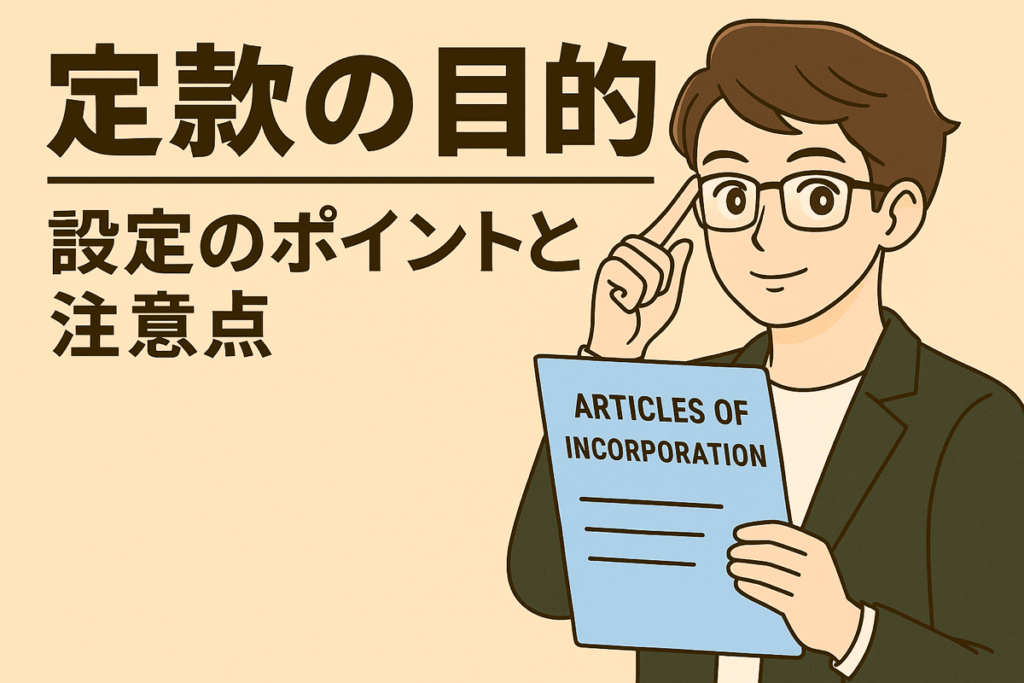 定款の目的に悩む男性が「Articles of Incorporation」と書かれた書類を持っているイラスト