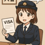 「入管職員風の制服を着た女性が『こちら入管でのビザ手続き』と話しながらVISA書類を手に持って案内しているイラスト」