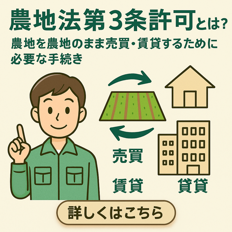 農地転用第3条許可の説明をする女性と農地のイラスト|名義変更や農地売買に必要な手続きを解説