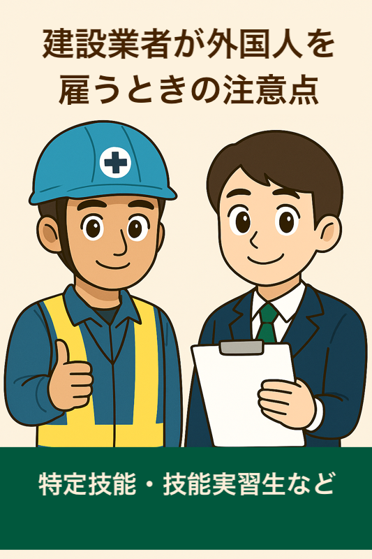 建設現場の前で書類を手にした外国人作業員と日本人担当者が相談している様子を描いたアニメ風イラスト。