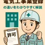 「建設業許可・電気工事業登録に関する案内をする女性キャラクターのイラスト。背景に電柱や建設現場が描かれ、明るく信頼感のある雰囲気。」