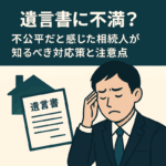 「遺言書に不満を感じる相続人が悩んでいる様子と遺言書のイラスト」
