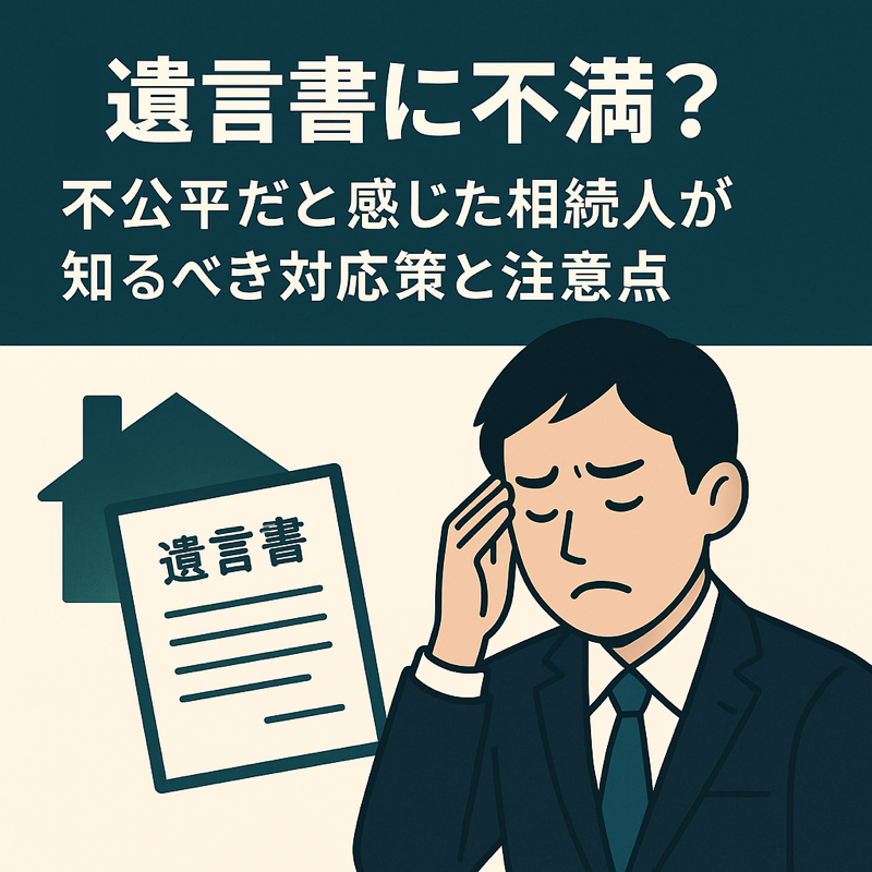 「遺言書に不満を感じる相続人が悩んでいる様子と遺言書のイラスト」