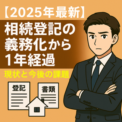 「相続登記の義務化から1年経過｜登記率や罰則の現状を解説する男性キャラクター」