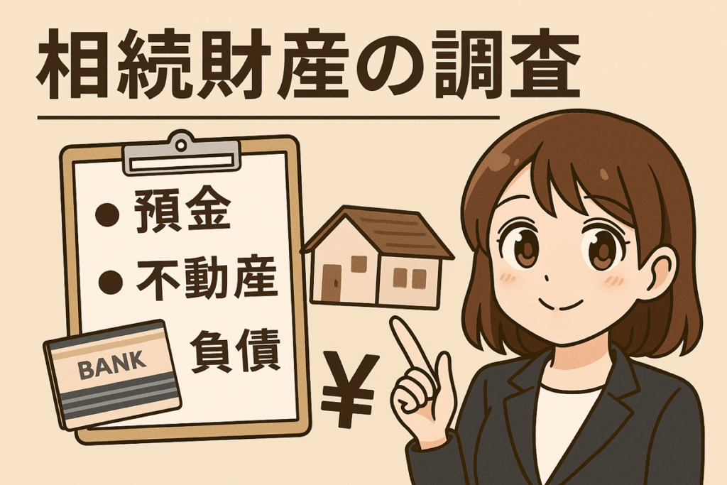 相続財産の調査を説明する女性キャラクターと預金・不動産・負債のイメージ