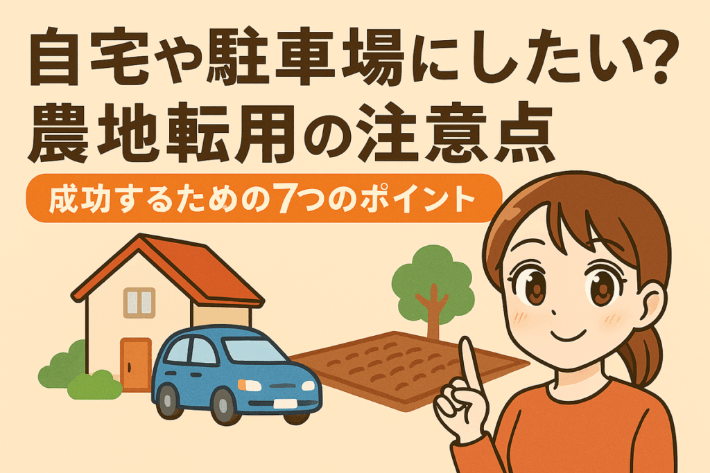 農地転用のポイントを説明する女性行政書士のイラスト。背景に住宅、通帳、農地の図が描かれている。