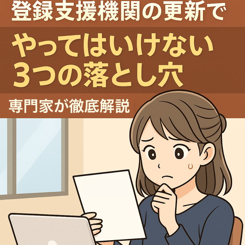 登録支援機関の更新に悩む女性と「やってはいけない3つの落とし穴」という警告テキストが描かれたイラスト