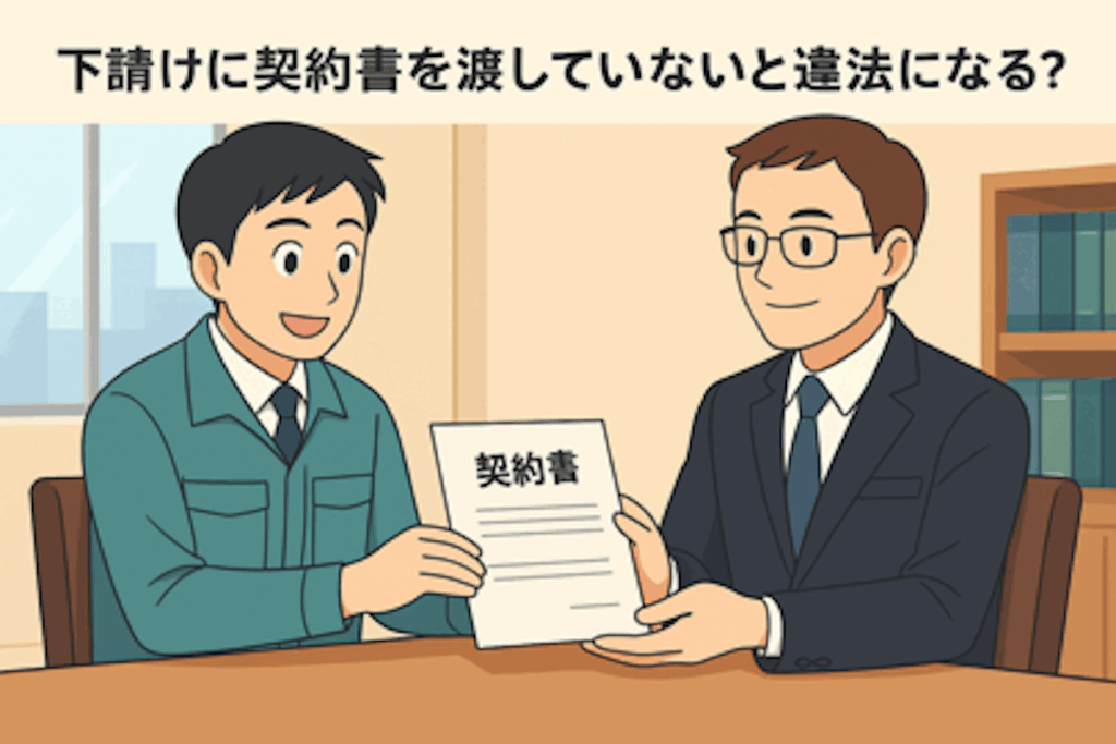 行政書士事務所の室内で、スーツ姿の行政書士と作業服の建設業者が契約書を交わしているアニメ風イラスト。下請契約書の交付義務をテーマに表現。