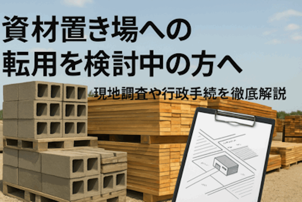 農地を資材置き場に転用する際の現地調査と行政手続きに関する解説を示したガイド画像(コンクリートブロックと木材の資材、図面入りクリップボード付き)
