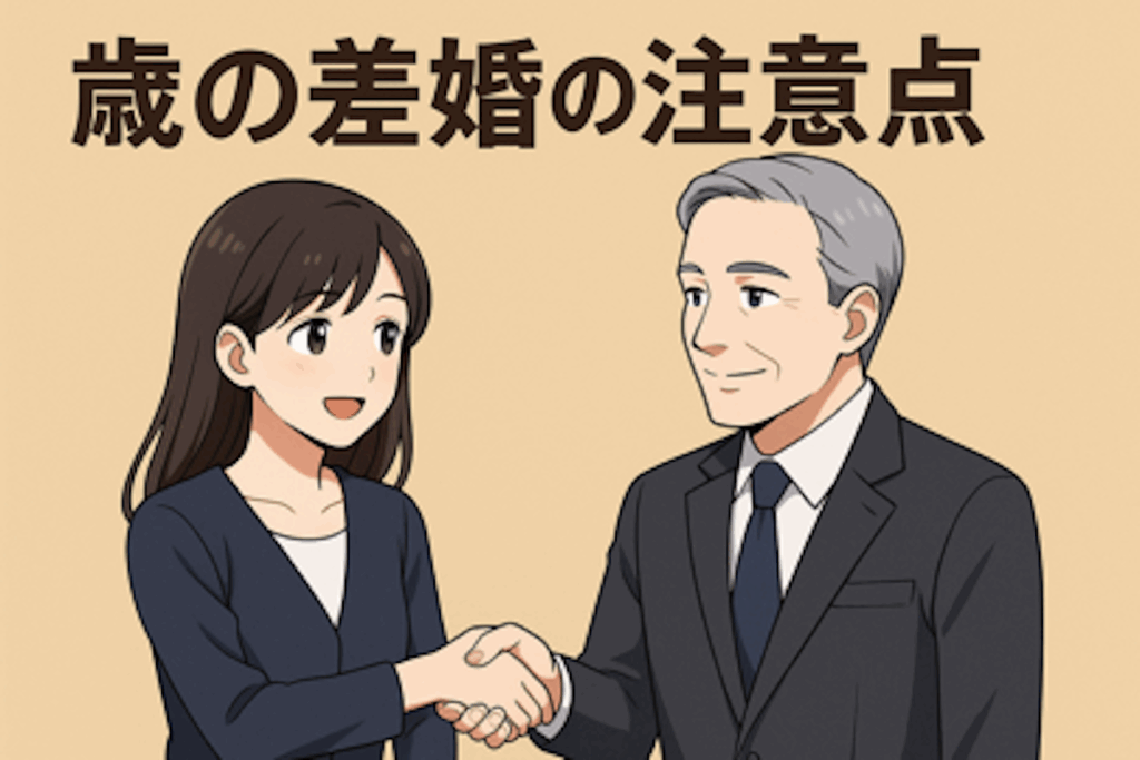若い日本人女性と年上の外国人男性が笑顔で向かい合う様子を描いたアニメ風イラスト。在留資格申請における年齢差夫婦のテーマを象徴。