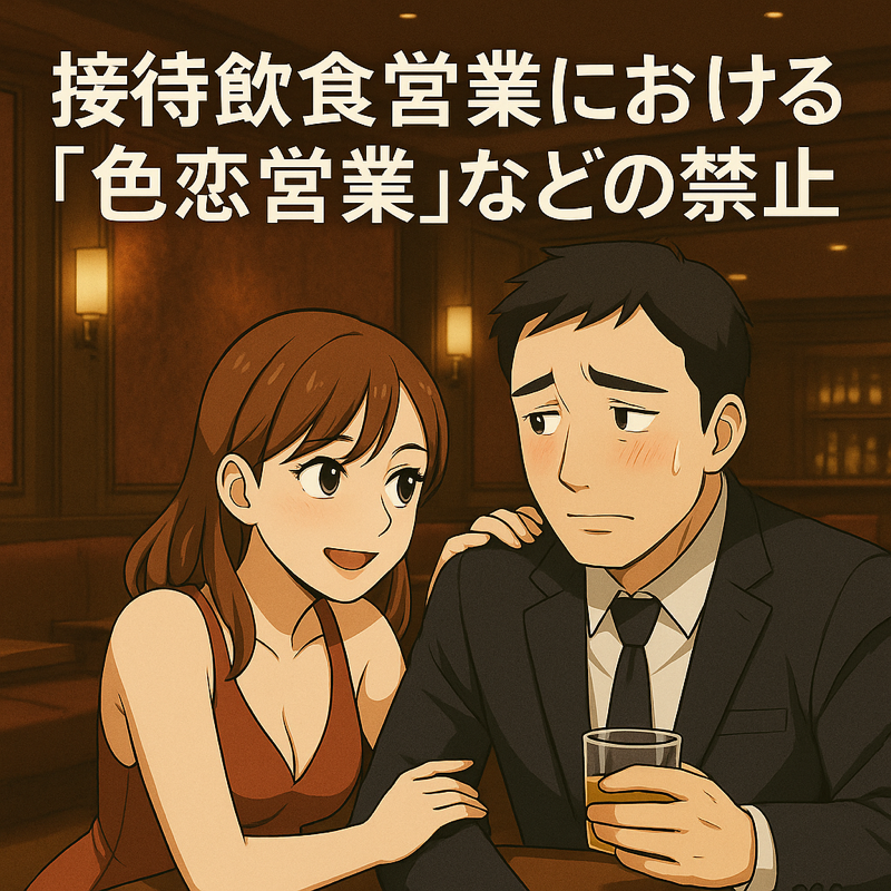 「接待飲食営業における『色恋営業』の禁止」をテーマにしたイラスト。店内で男女が親密な様子で会話しており、恋愛感情に訴える営業スタイルを示唆する。
