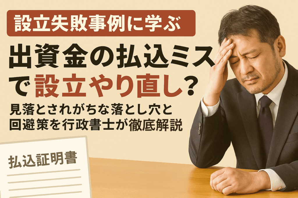 「出資金の払込ミスによる会社設立トラブルを防ぐための注意点を解説した行政書士の情報バナー」