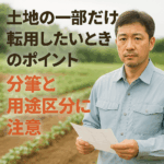 農地転用で一部だけ土地を転用する場合の注意点を説明する中年男性と畑の背景