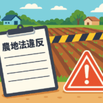 農地法違反で立入禁止となった農地と注意書きを描いたアニメ風イラスト