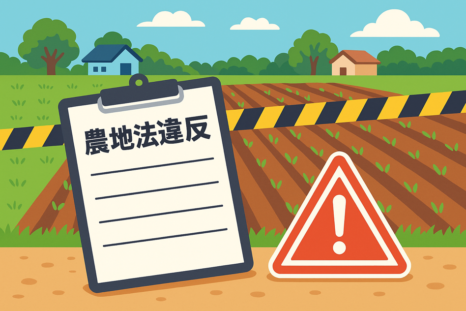 農地法違反で立入禁止となった農地と注意書きを描いたアニメ風イラスト