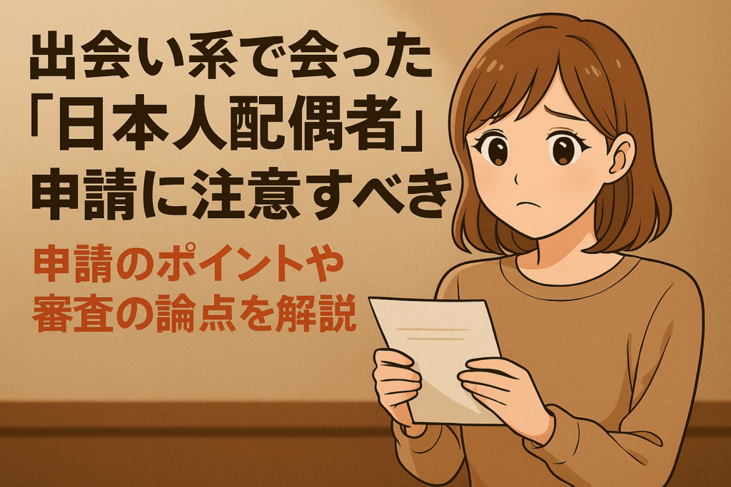 出会い系で知り合った日本人配偶者との結婚ビザ申請に悩む若い女性を描いたアニメ風イラスト。背景はシンプルな茶系で、手に申請書類を持ち不安げな表情を浮かべている。タイトル文「出会い系で会った『日本人配偶者』申請に注意すべき」も明示されている。