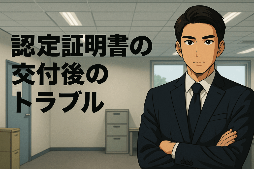 在留資格認定証明書の交付後のトラブルに悩むスーツ姿の若い行政書士男性と事務所背景
