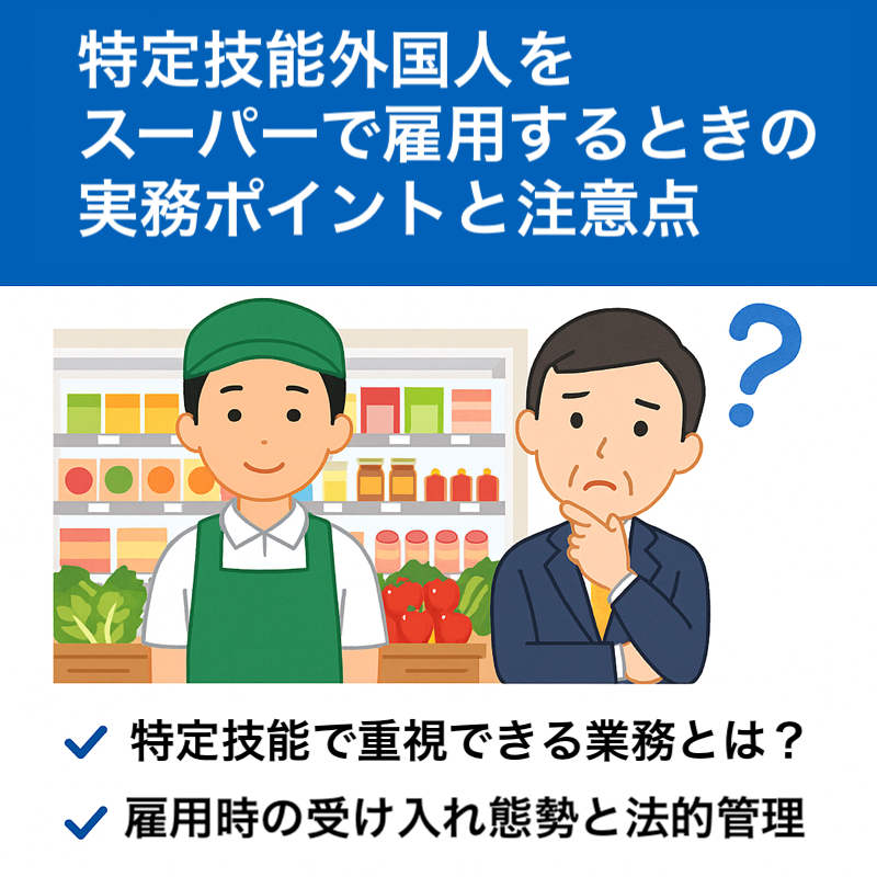 特定技能外国人をスーパーで雇用する際の注意点と実務ポイントを解説したイメージバナー