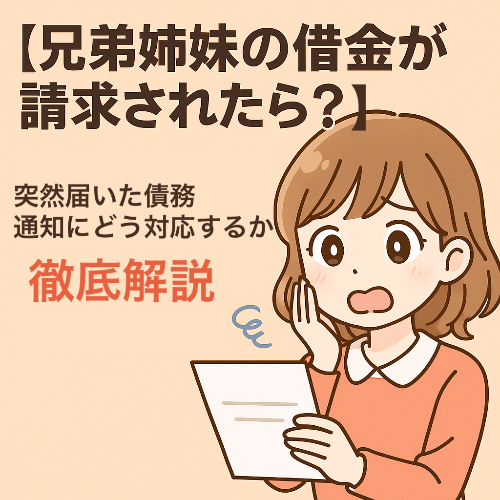 焦った表情で債務通知を見る女性のアニメ風イラスト｜兄弟姉妹の借金が請求されたときの対応解説