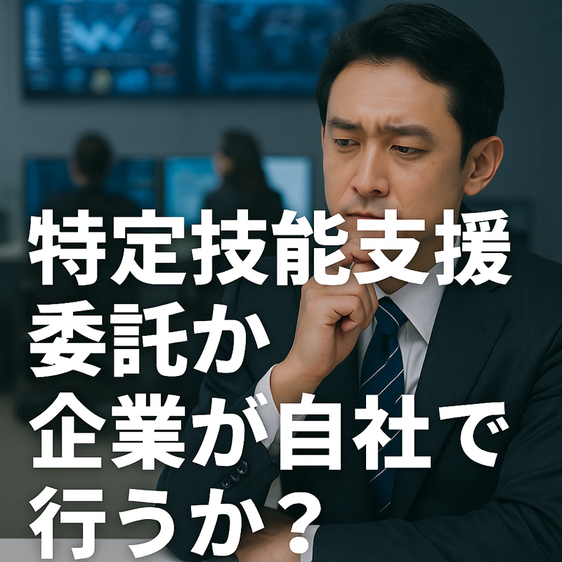 特定技能制度における「登録支援機関委託」か「自社支援」かを選ぶ重要性を伝える企業向け案内バナー
