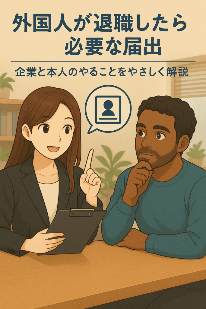 外国人が退職した際の必要な届出を、女性行政書士が外国人に分かりやすく説明しているイラスト