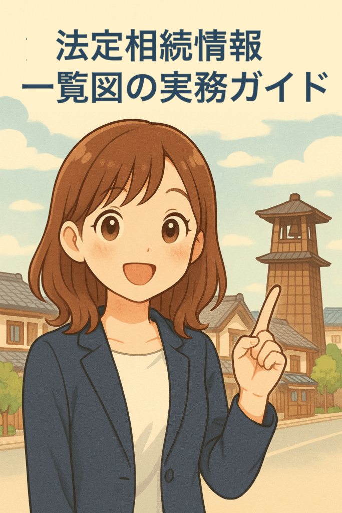 法定相続情報一覧図を使って相続手続きを効率化する女性キャラクターのイラスト（東松山・熊谷・川越対応）