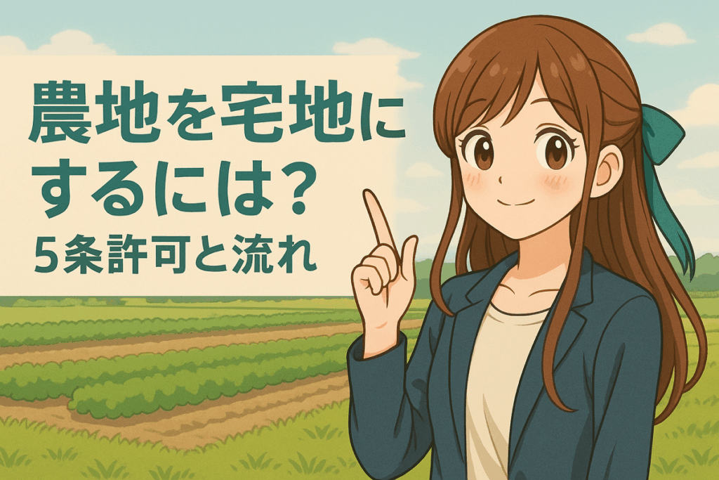 農地法5条許可と宅地化の手続きを示す案内イラスト（指差しポーズの女性キャラクター）