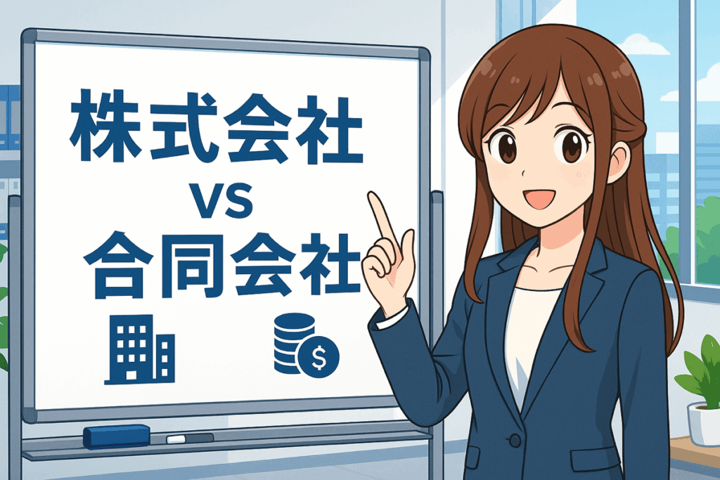 スーツ姿の女性キャラクターがホワイトボードで「株式会社 vs 合同会社」を解説しているイラスト。法人設立の違いを説明するイメージ。
