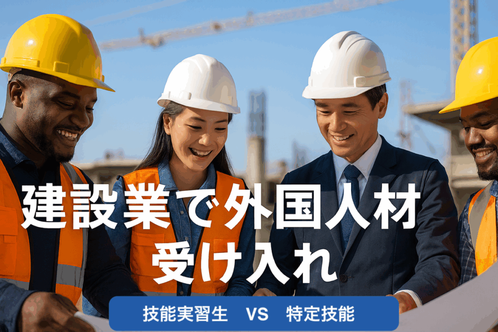 建設現場で日本人と外国人労働者がヘルメットをかぶり、笑顔で図面を確認している様子。「建設業で外国人材受け入れ 技能実習 vs 特定技能（建設）」のテキスト入り。