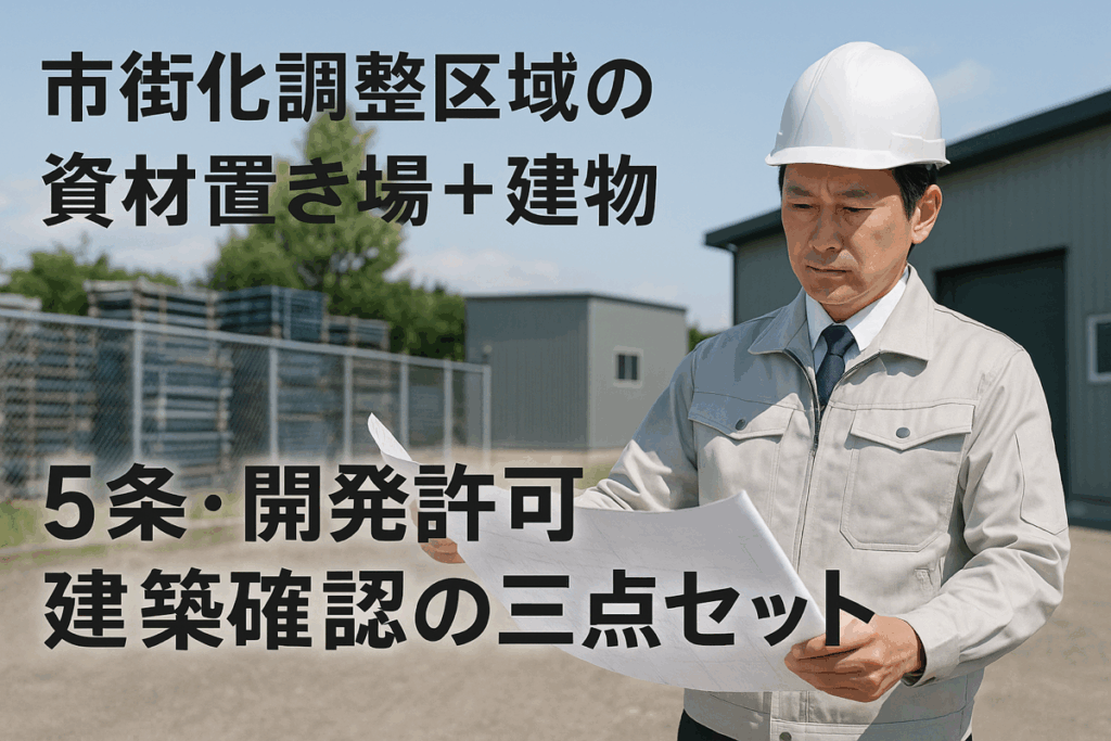 市街化調整区域の資材置き場と建物の建設現場で、ヘルメット姿の建築士が図面を確認している様子。テキストで「市街化調整区域の資材置き場+建物|5条・開発許可・建築確認」と記載され、埼玉(東松山・川越・さいたま市)対応の記事用バナー。
