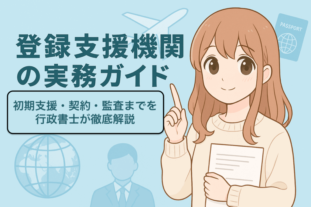 登録支援機関の実務手順を象徴するイラスト。青いアーチ橋の上にチェックリスト、ヘッドセット、歯車、握手、書類のアイコンが並び、支援と仕組みの両立を表している。