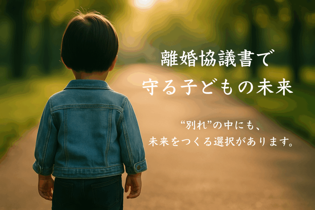 夕暮れの道を歩く子どもの後ろ姿。離婚協議書の記事用のアイキャッチ画像で、未来への希望や家族の再出発を象徴している。