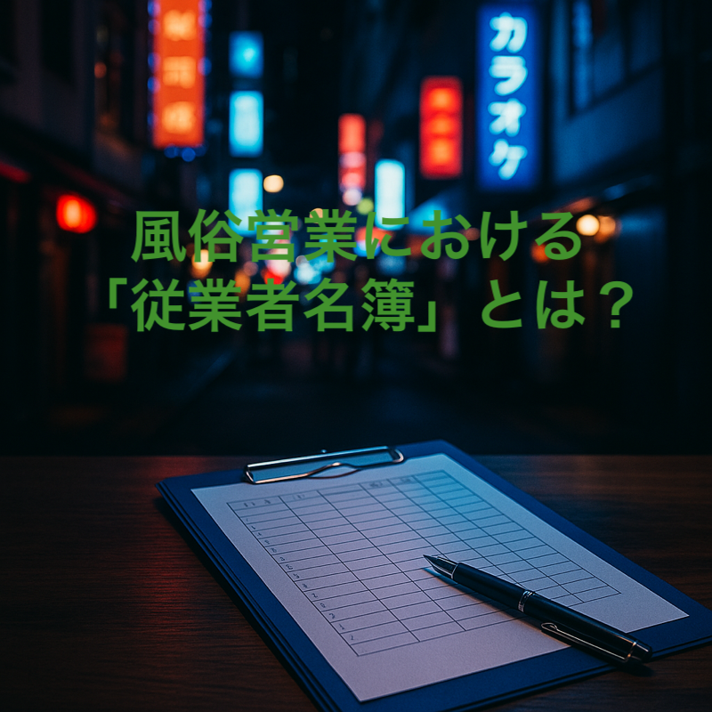 alt="夜の繁華街とテーブルに置かれた名簿とペンのイメージ｜埼玉（東松山・熊谷・川越・大宮）の風俗営業における従業者名簿管理と行政書士サポートを表す写真"