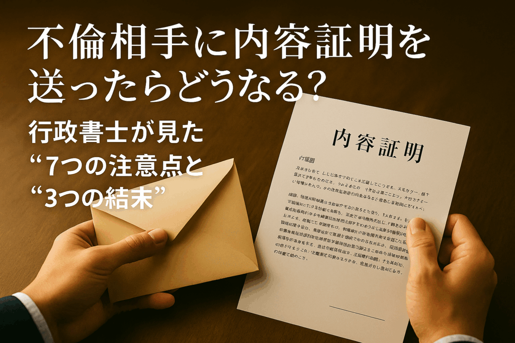 木の机の上で、スーツを着た人が「内容証明」と印字された書類と封筒を両手で持っている様子。柔らかい自然光に照らされたオフィスの一角で、法的手続きや文書送付の緊張感を感じさせるシーン。