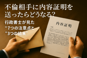 木の机の上で、スーツを着た人が「内容証明」と印字された書類と封筒を両手で持っている様子。柔らかい自然光に照らされたオフィスの一角で、法的手続きや文書送付の緊張感を感じさせるシーン。
