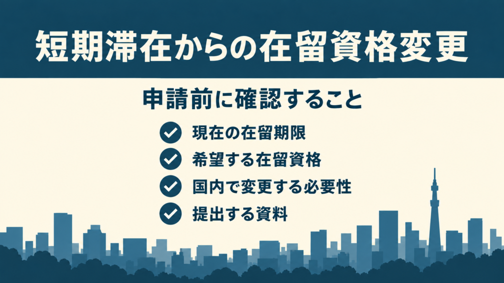 短期滞在からの在留資格変更について、在留期限・希望する資格・国内で変更する必要性・提出資料を示した図