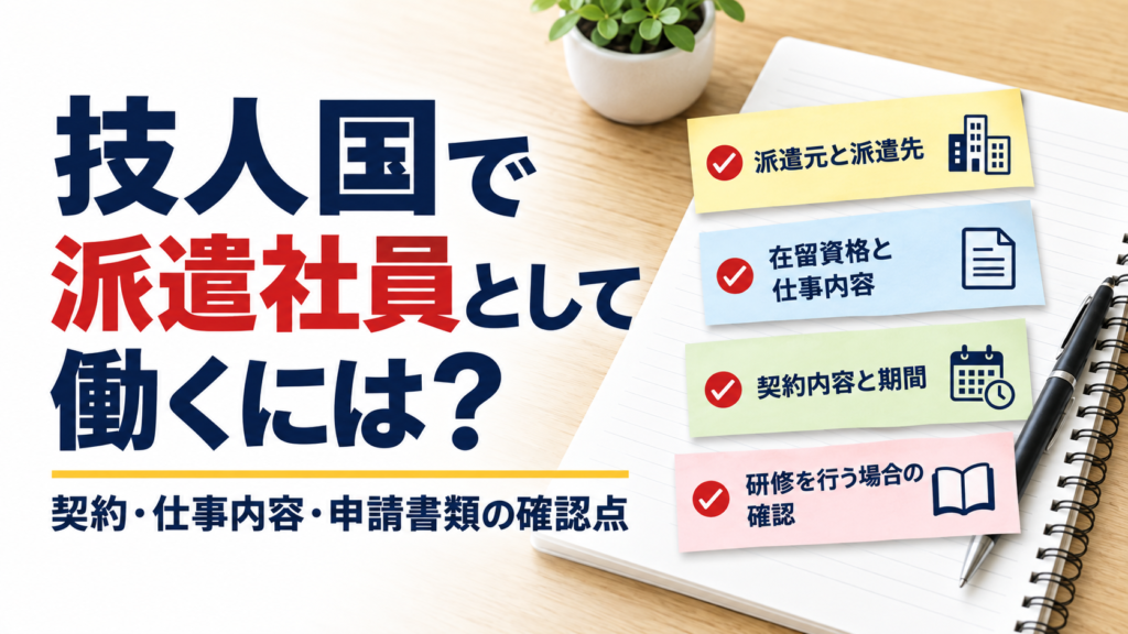 技人国の派遣就労について、派遣元と派遣先・仕事内容・契約・研修の確認点を色分けした図
