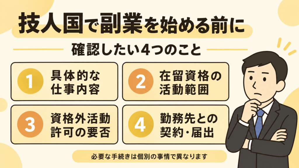 技人国の副業について、仕事内容・活動範囲・許可の要否・契約と届出の4項目を示した図。
