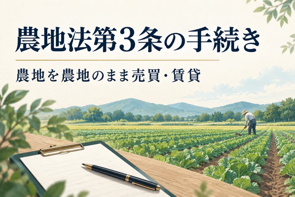 農地法第3条の手続きという見出しと、畑の作物・農作業をする人物・確認用紙のイラスト